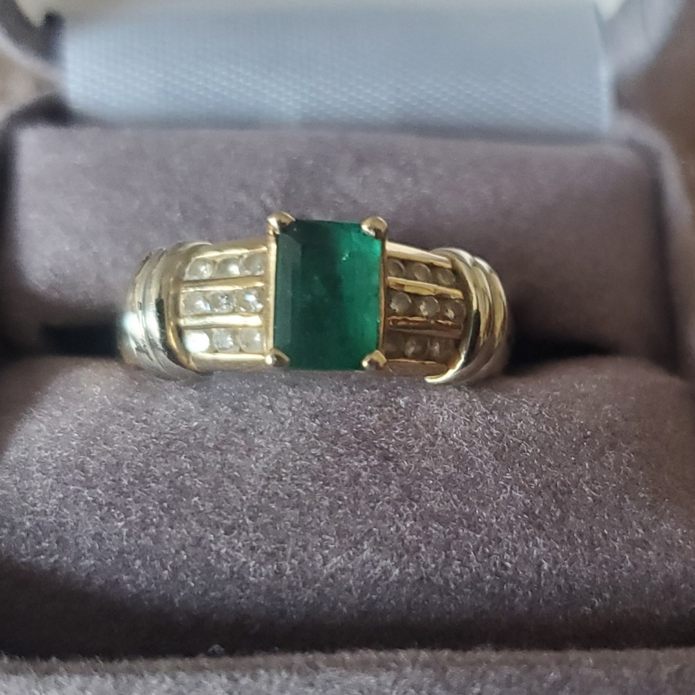 1.5 ct Natural Emerald And .30 ct Diamond Ring 14K Bi Color Gold